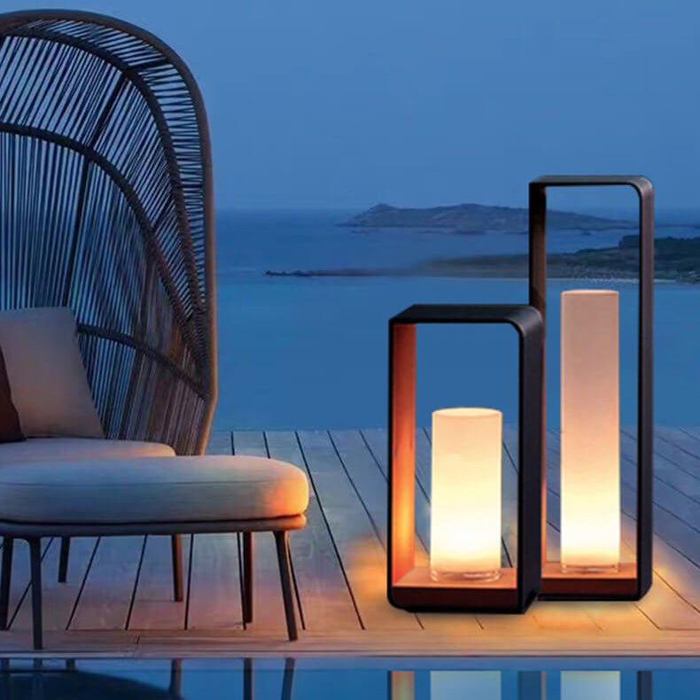 Black Rectangular Solar Outdoor Lantern with Frosted Glass