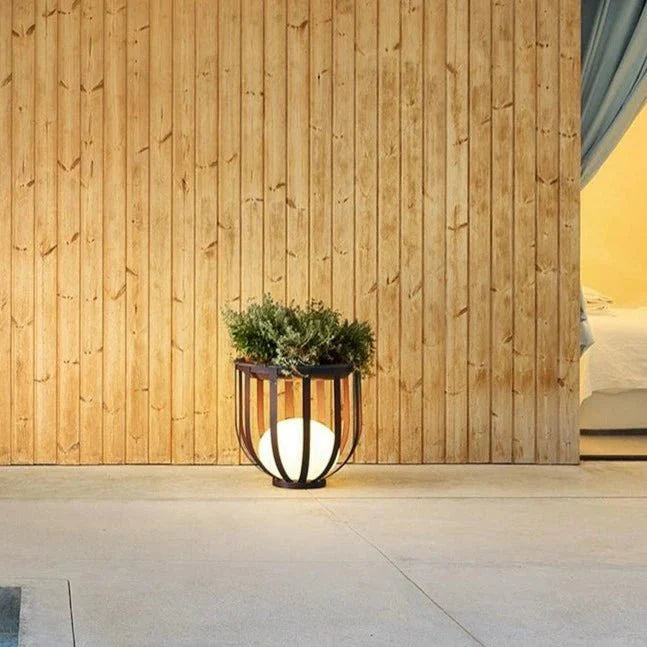Round Outdoor Planter Lamp Table With Metal Frame